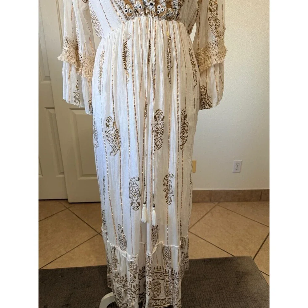 Namaste India Women S Dress Gold White Embroidered Bell Sleeve Festival Boho - Picture 7 of 16